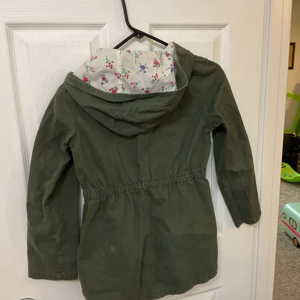 Old Navy Utility Jacket Girls Size L Green Pockets Hood Elastic Waist Zip Up